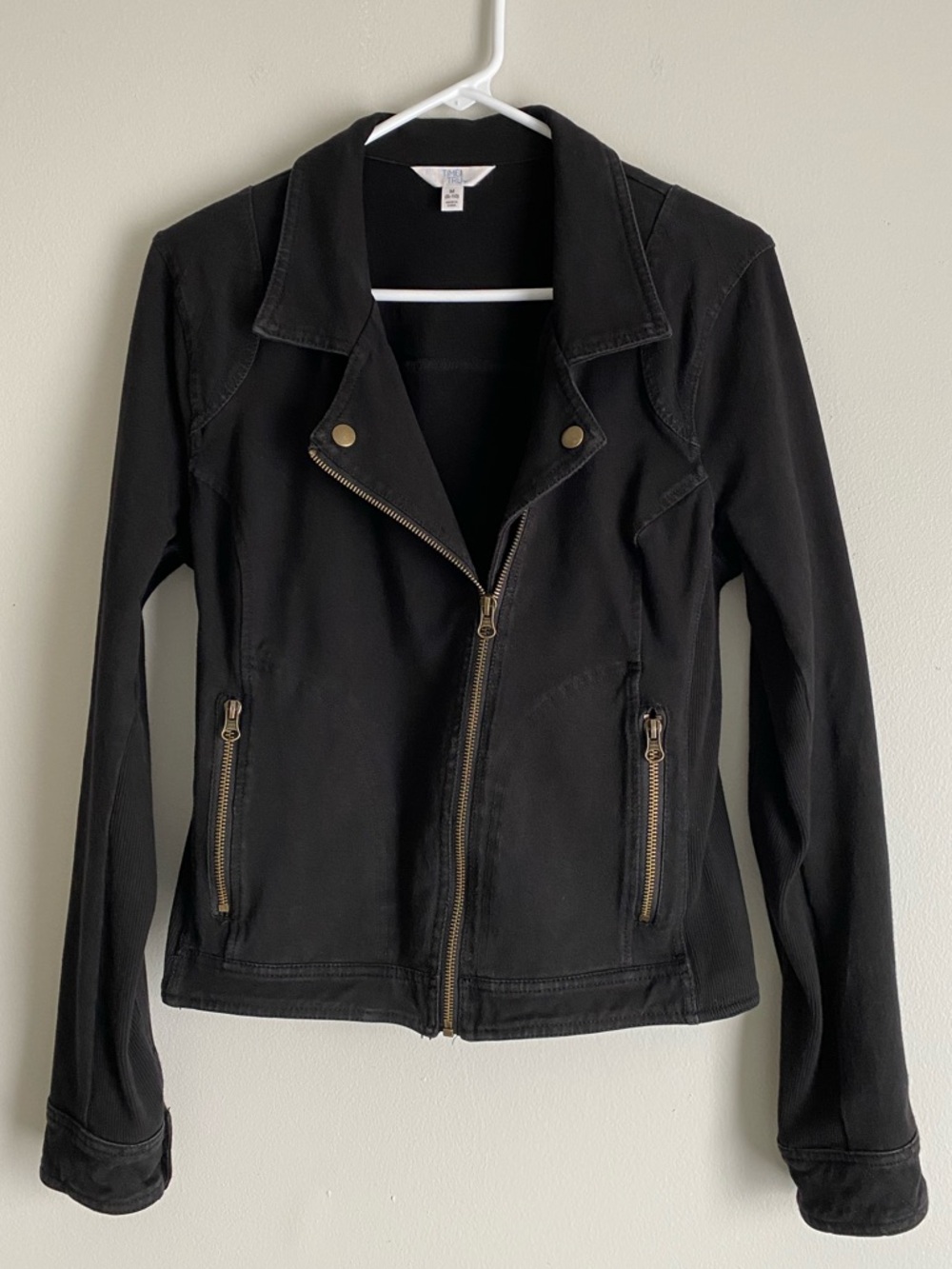 Time and Tru Black Knit Moto Jacket with Gold Zippers